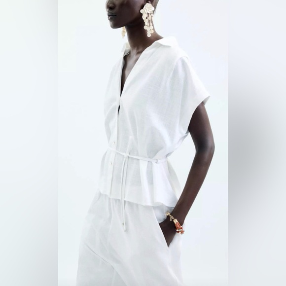 ZARA Belted Linen Blouse - Picture 2 of 9
